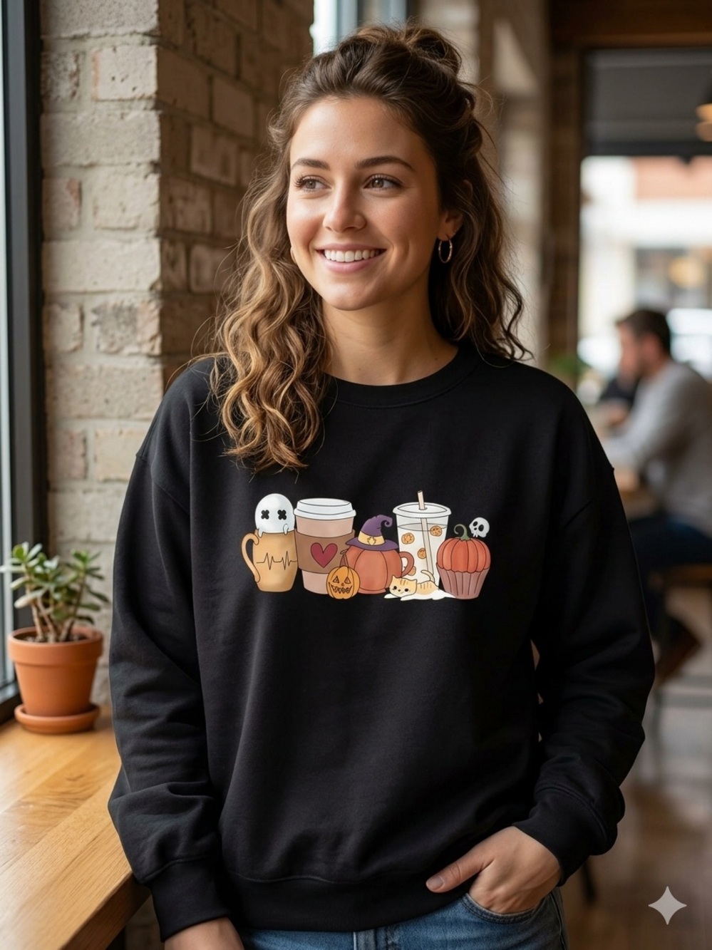 Black Halloween Pumpkin & Coffee Graphic Sweatshirt - Women